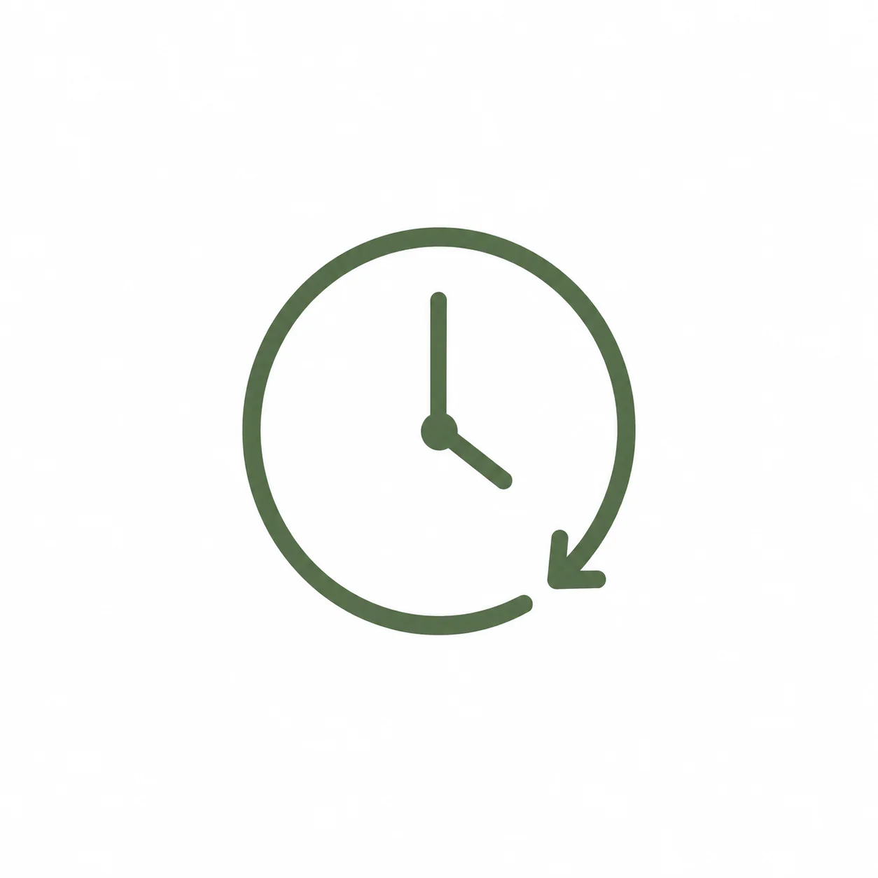Green outline icon of a clock with an arrow circling it.