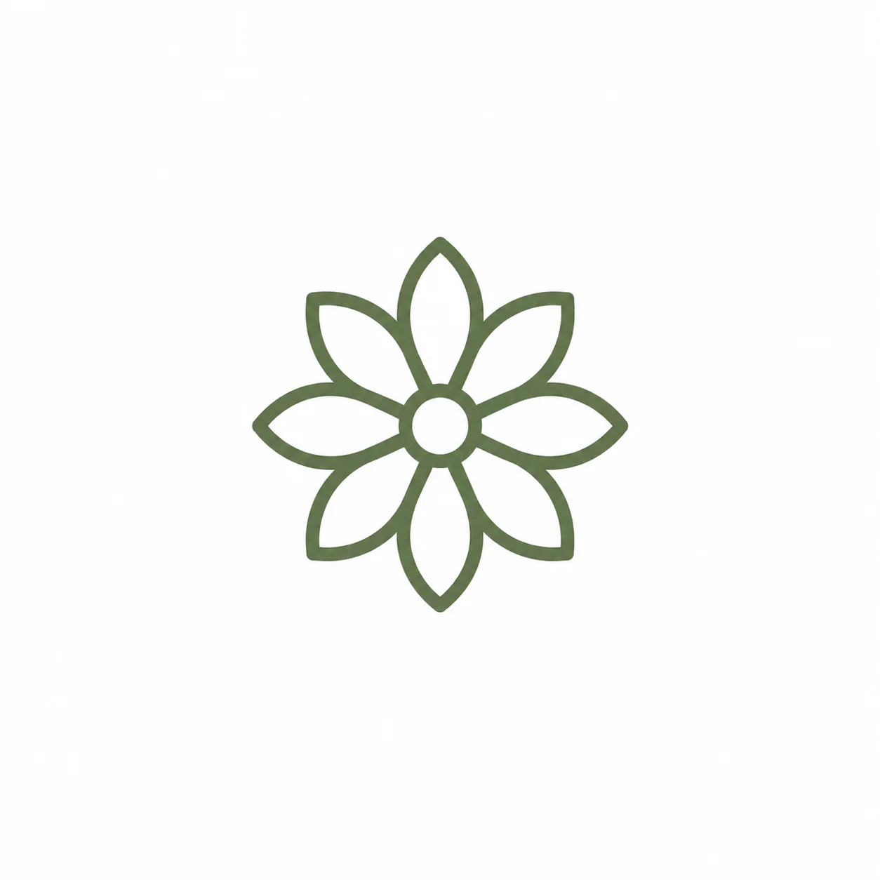 Green outline icon of a flower with eight petals.